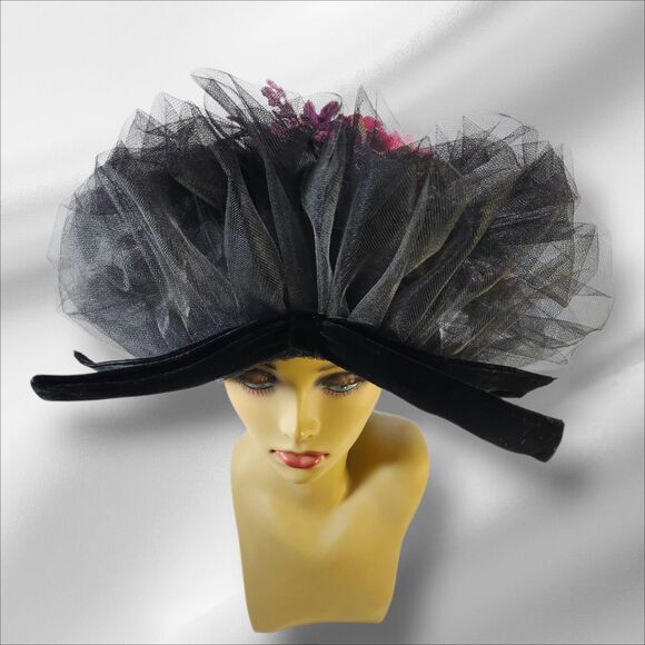Vintage Mme. Poswolsky NY Black Tulle Derby Hat Roses & Rhinestones 1950s RARE main image 11